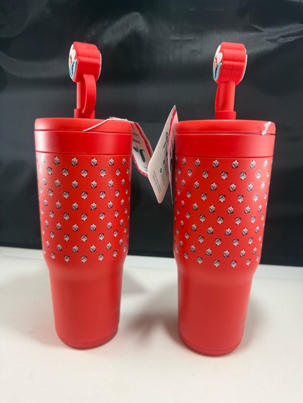 24 oz Vera Bradley Red Floral Patterned Travel Mug Flower Straw Stopper set of 2 - Picture 4 of 11